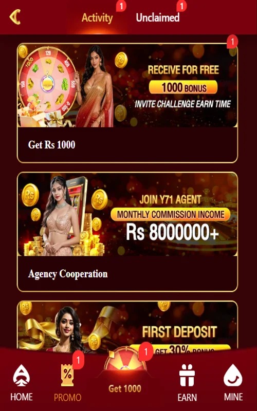 Y71 Game bonuses Y71 Game bonuses screen with promo rewards, agency cooperation, and first deposit offer