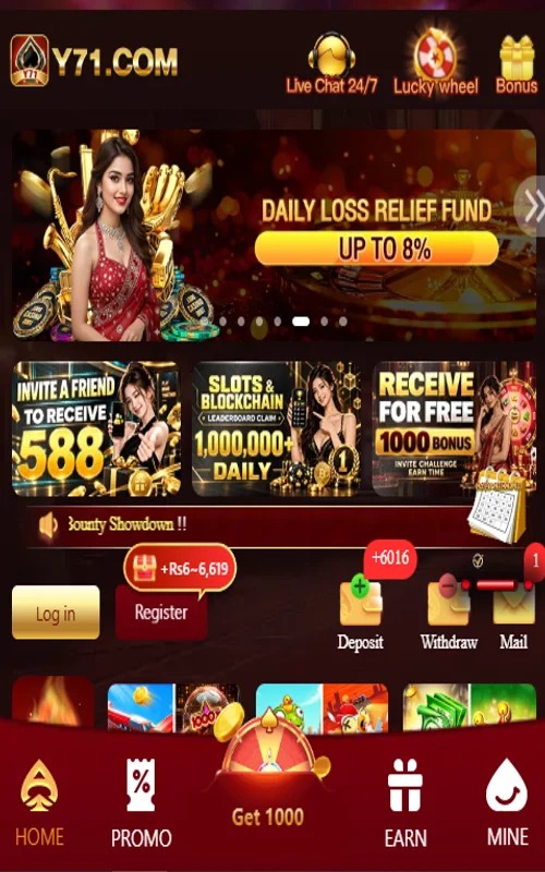Y71 Game play screen Y71 Game play screen with bonuses, login, register, and wallet actions